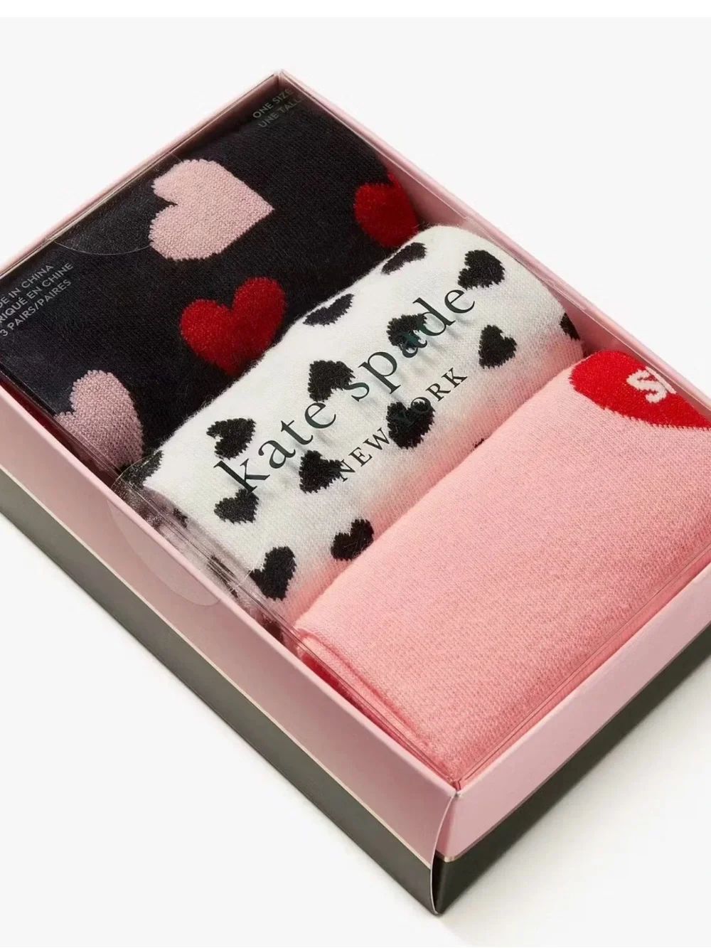 kate spade 3-Pack Heart Crew Socks in Pink, Black, White